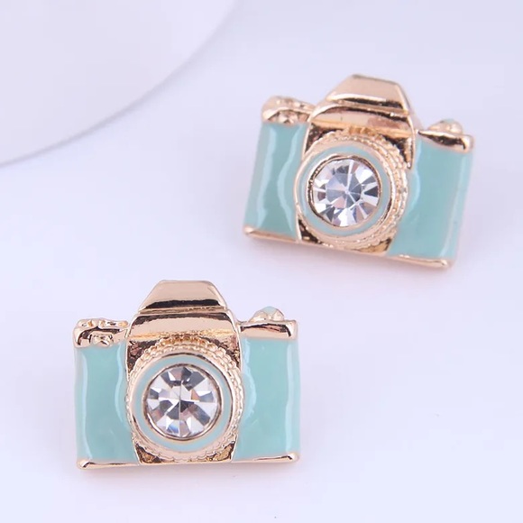Gold aqua color Camera stud earrings fashion style jewelry - Picture 1 of 3